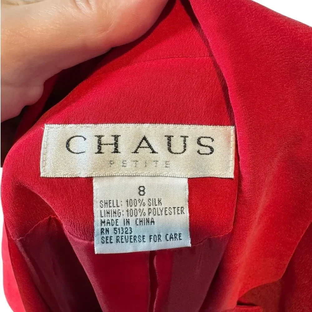 Vintage Chaus‎ Tomato Red 100% Silk Cinch Waist Blazer Medium 90s Office Siren